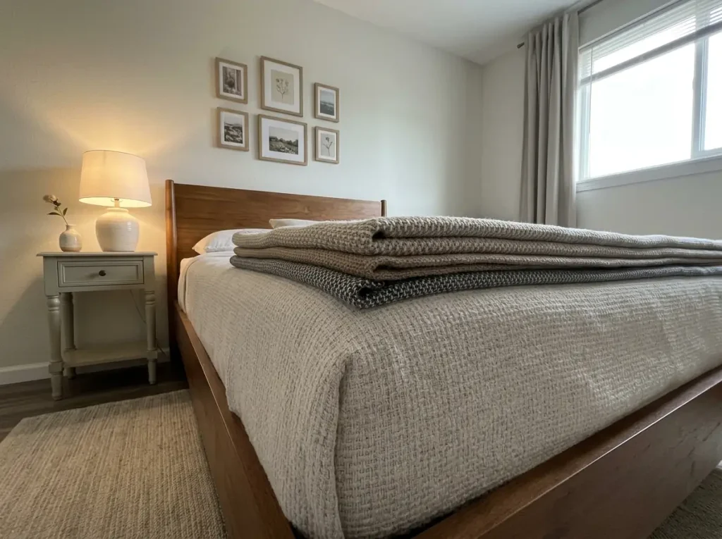 Three blankets stacked flat and compressed on a bed, seen edge-on at mattress level