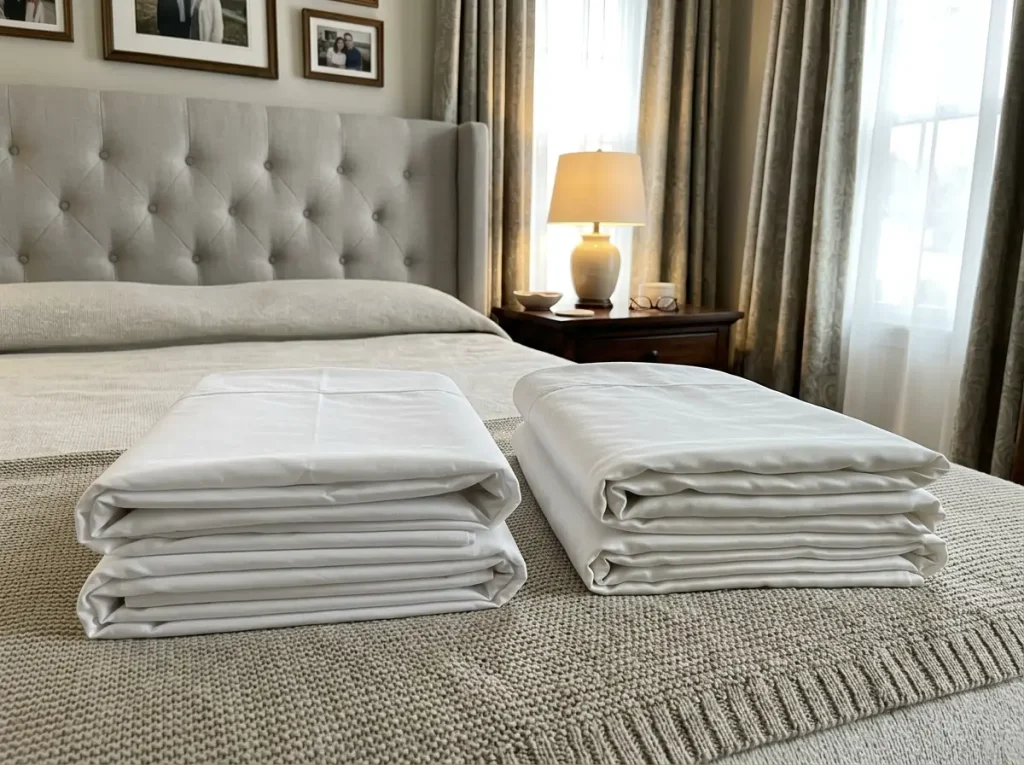 Two folded white cotton sheet sets side by side, one matte and one with a faint sheen