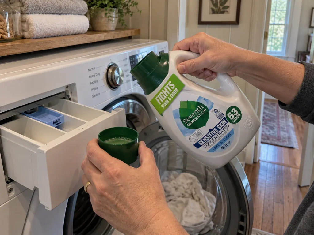 Detergent bottle beside an open washer dispenser drawer, sheets loaded in the drum behind