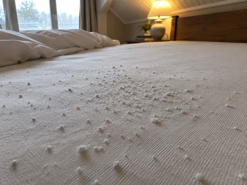 Close view of small fiber pills raised on the surface of a cotton fitted sheet