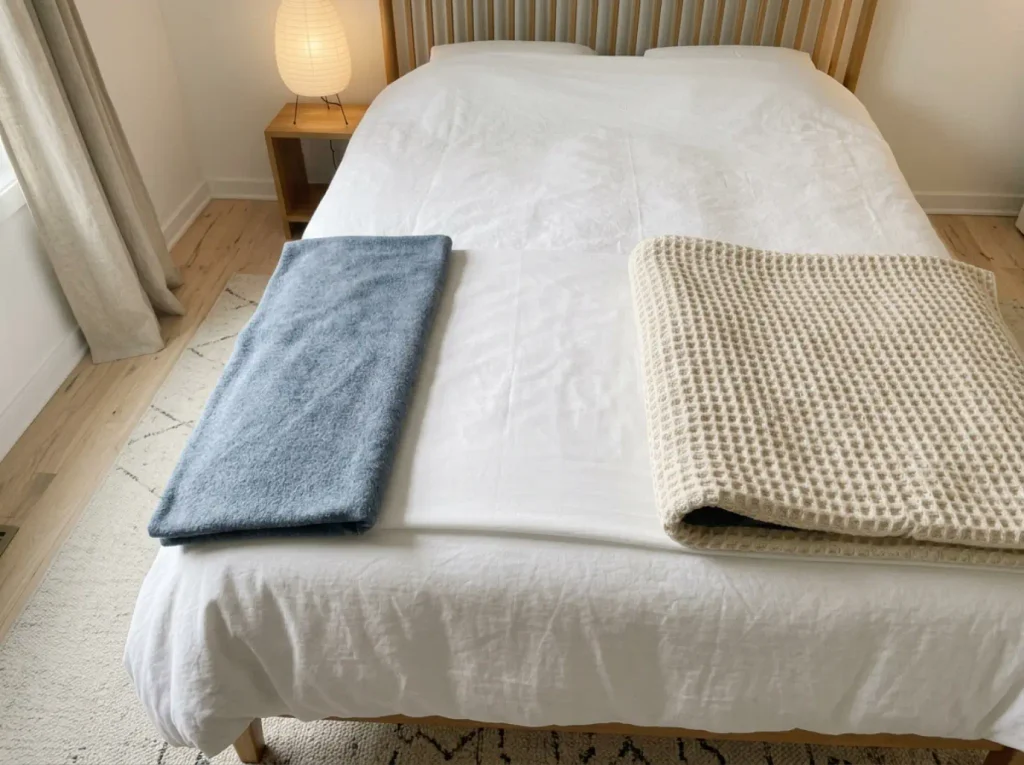 Three winter fabrics laid side by side and lifted at one edge to show the air held under each