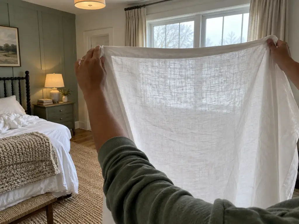 Hands holding a cotton flat sheet up to a bright window, the weave showing thinner across the middle