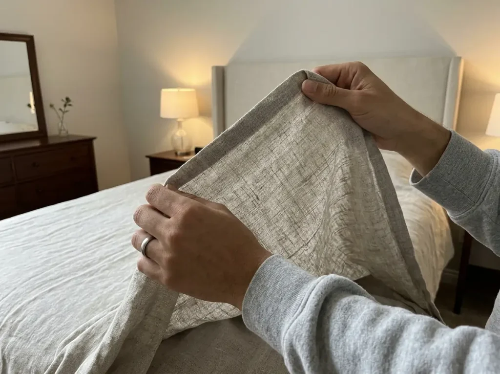 Hands holding a folded linen sheet up to window light to show the irregular flax weave