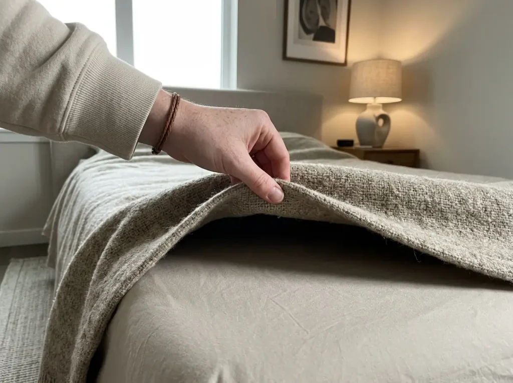 A hand lifting the edge of a wool blanket to show the loft and trapped air underneath it