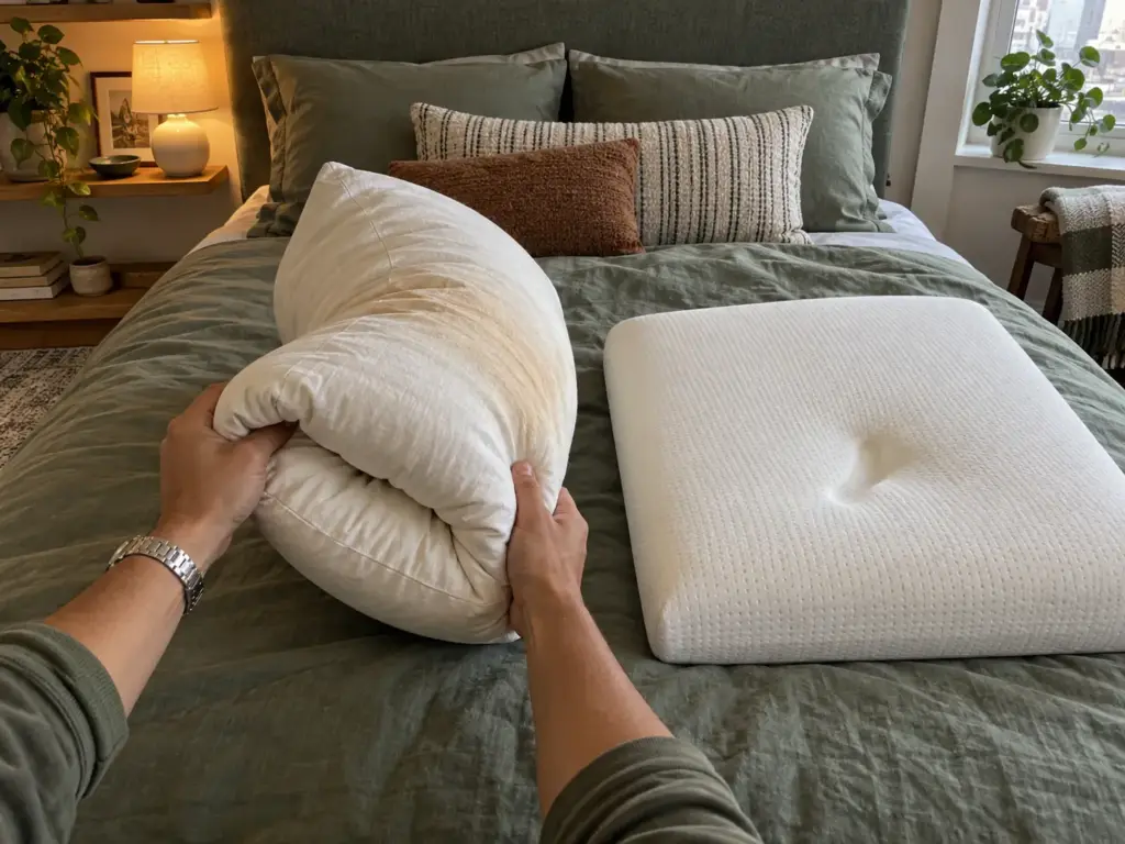 Hands folding a bare down pillow in half on a bed to check its fill before removing yellow stains