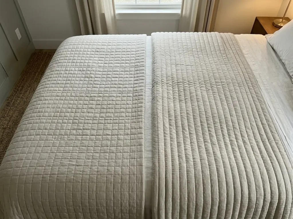 Two quilts laid side by side, one flat-stitched and one channel-stitched, under a raking lamp