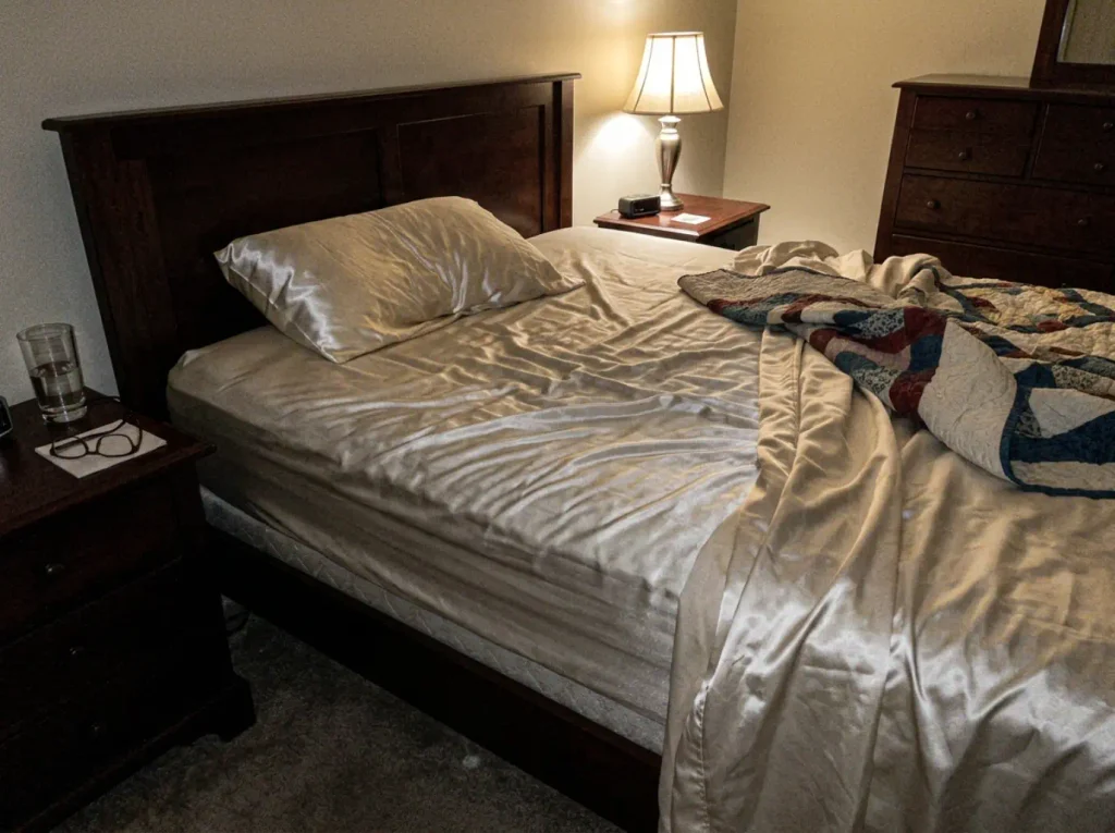 Silk sheets pushed back and rumpled on one side of a bed at night, lit only by a bedside lamp