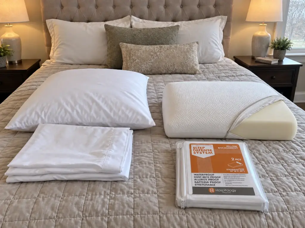 Memory foam pillow set aside from washable bedding beside a zippered pillow encasement