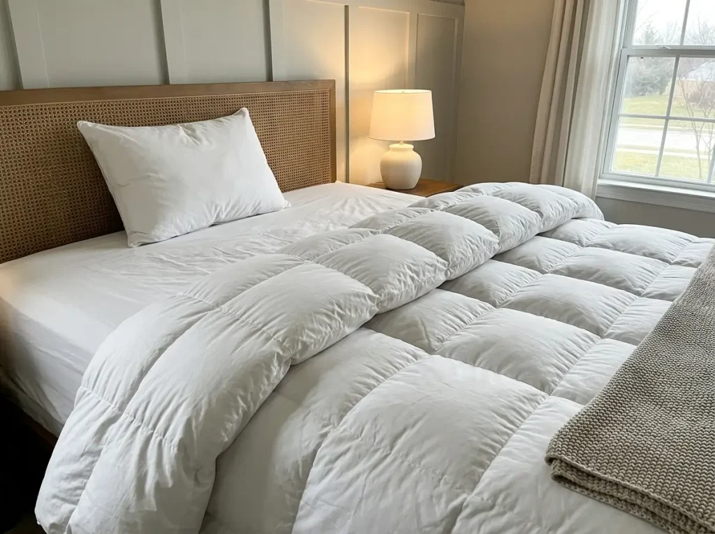 A lofted down comforter turned back over white percale sheets, showing the baffle-box channels