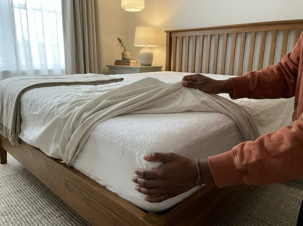 Fitted sheet peeled back off a mattress corner to show the cotton terry protector underneath