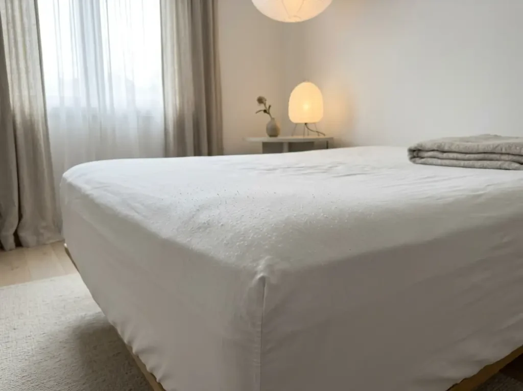 Fuzzed percale fitted sheet stretched taut over a mattress corner, raking light showing the raised fibers