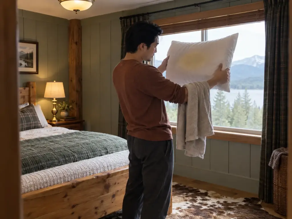 Man holding a damp washed pillow up to a bedroom window to check the yellow before it goes in the dryer
