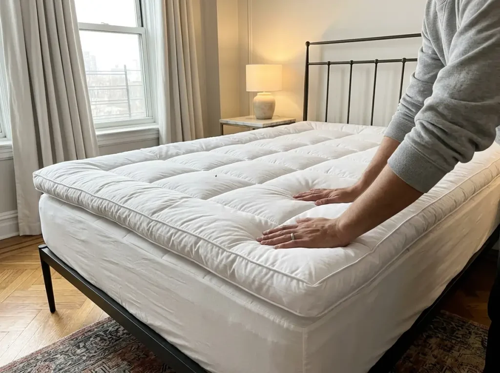 Hands smoothing a pillow-top mattress topper onto a bare mattress in a cold bedroom before the sheets go on