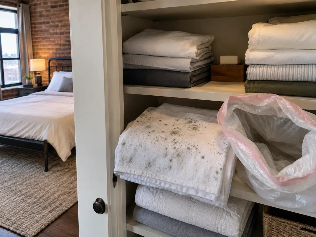 A stored sheet lifted from a linen cupboard shelf, sealed plastic bag open on the shelf beside it