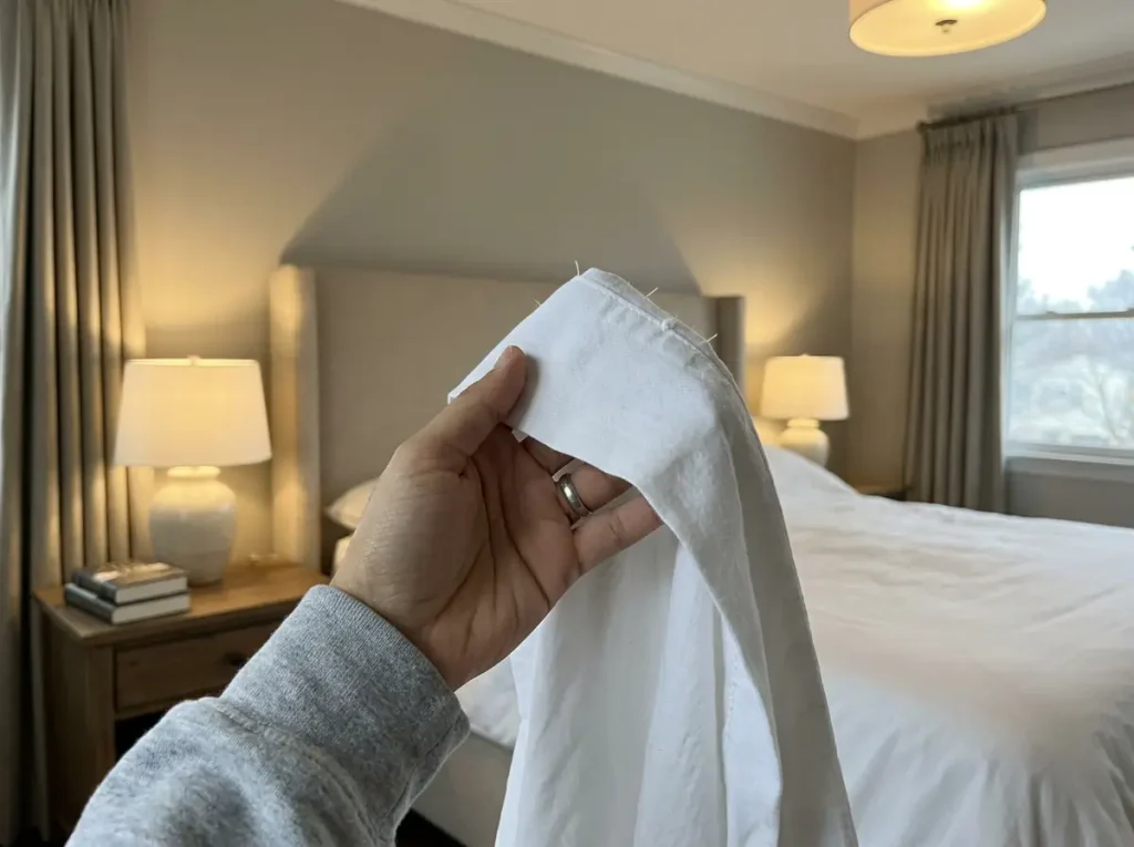 A hand holding up the hem of a white cotton sheet, the yarn surface visible in raking light