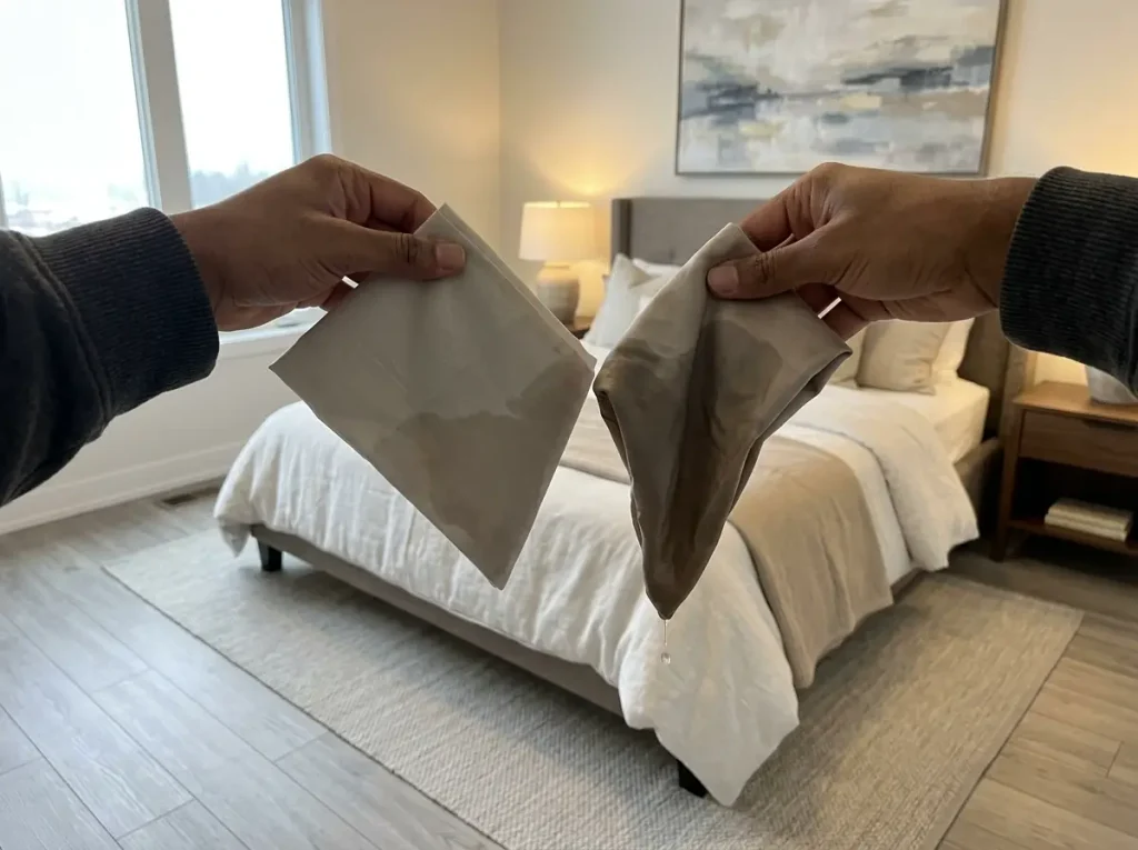 Two damp sheet corners held side by side, matte cotton percale beside darker soaked bamboo sateen