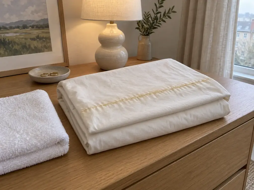 A folded white sheet on a dresser with a faint yellow-brown line along the fold where bleach set the old yellow deeper