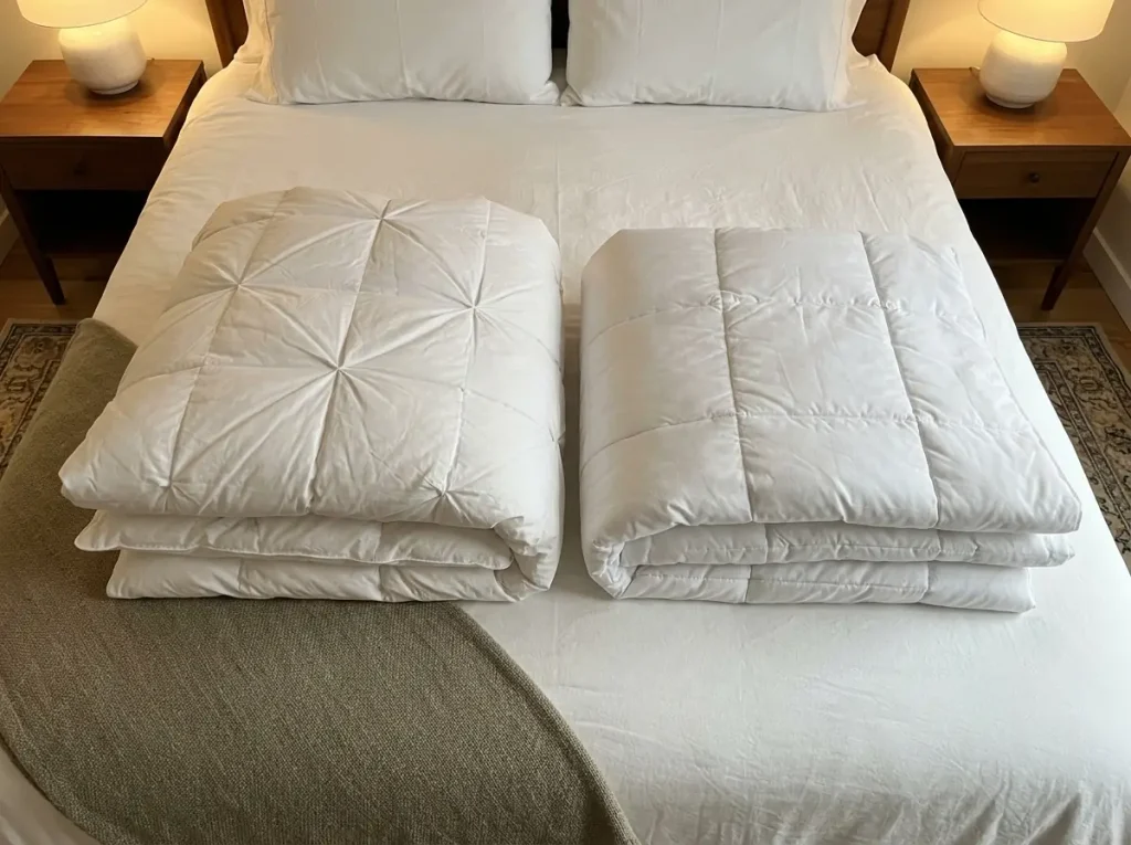 Two folded comforters side by side on a bed, one noticeably thicker than the other at the fold