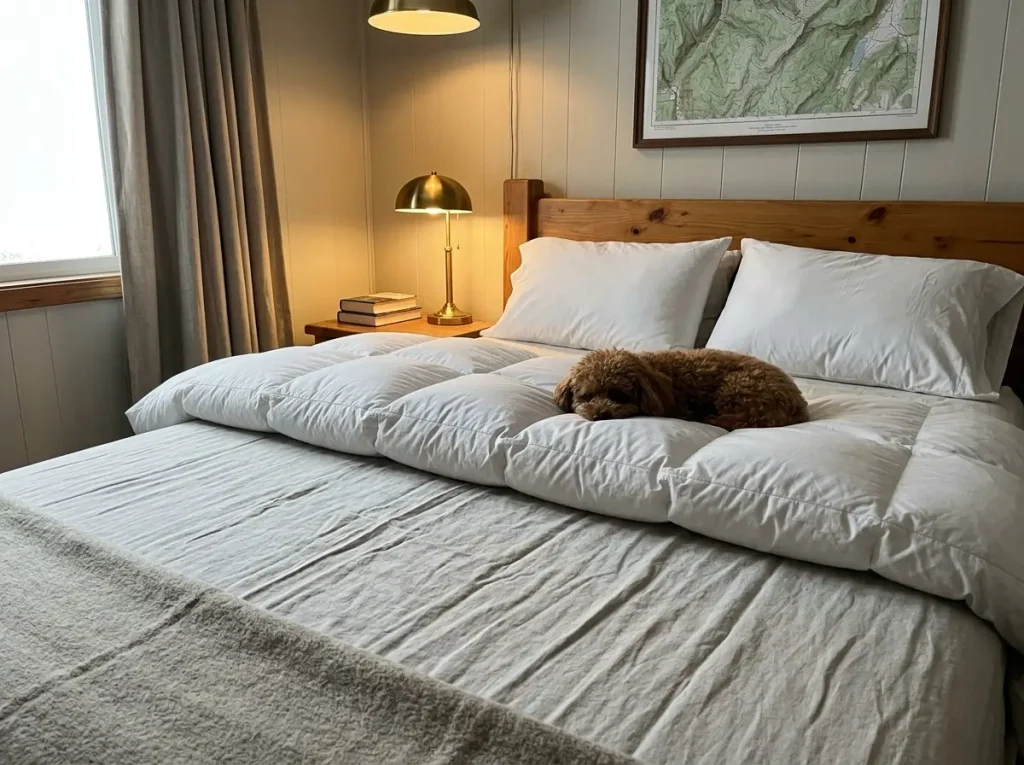 Thick duvet folded back over linen sheets showing the loft that traps winter warmth