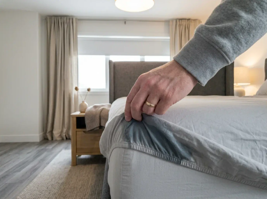 Hands lifting the elastic hem of a fitted sheet at the mattress corner to check if it is dry