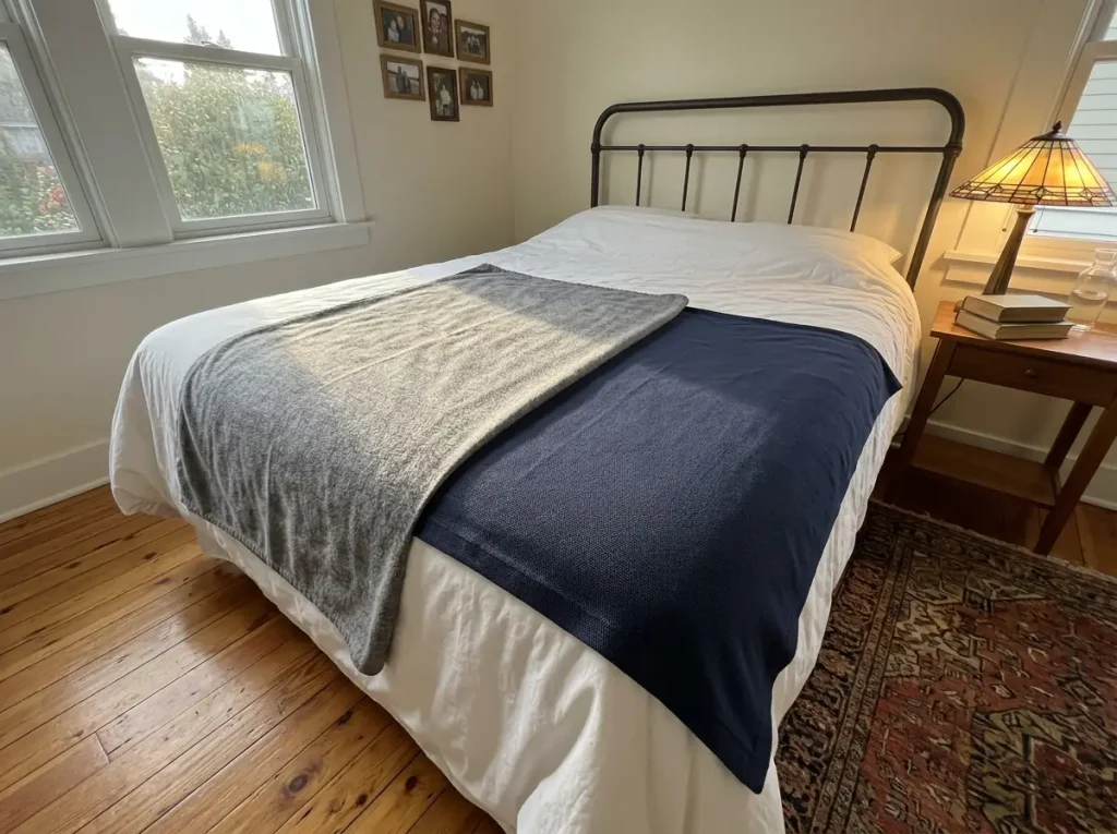 Flannel nap and smooth jersey side by side under raking lamp light on one bed