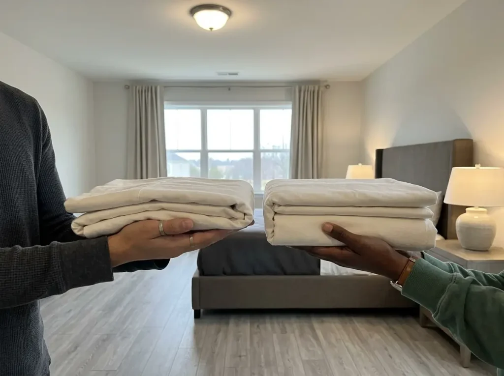 Two folded flannel sheet sets held side by side, one visibly thicker and heavier than the other