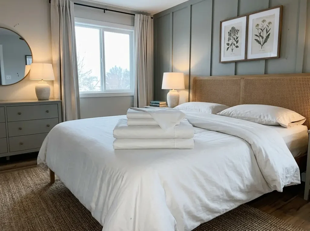 A folded organic cotton sheet set laid across a made bed in a farmhouse bedroom