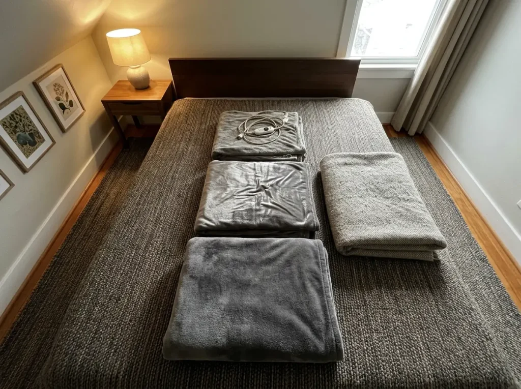 Three worn heated blankets folded on a rug beside one wool blanket, laid out for comparison