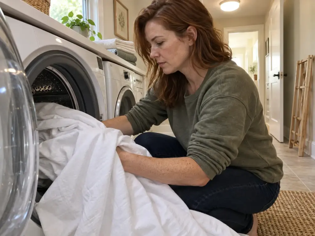 A cotton sheet being pulled from a front-loading washer drum, the weave visible in the fold