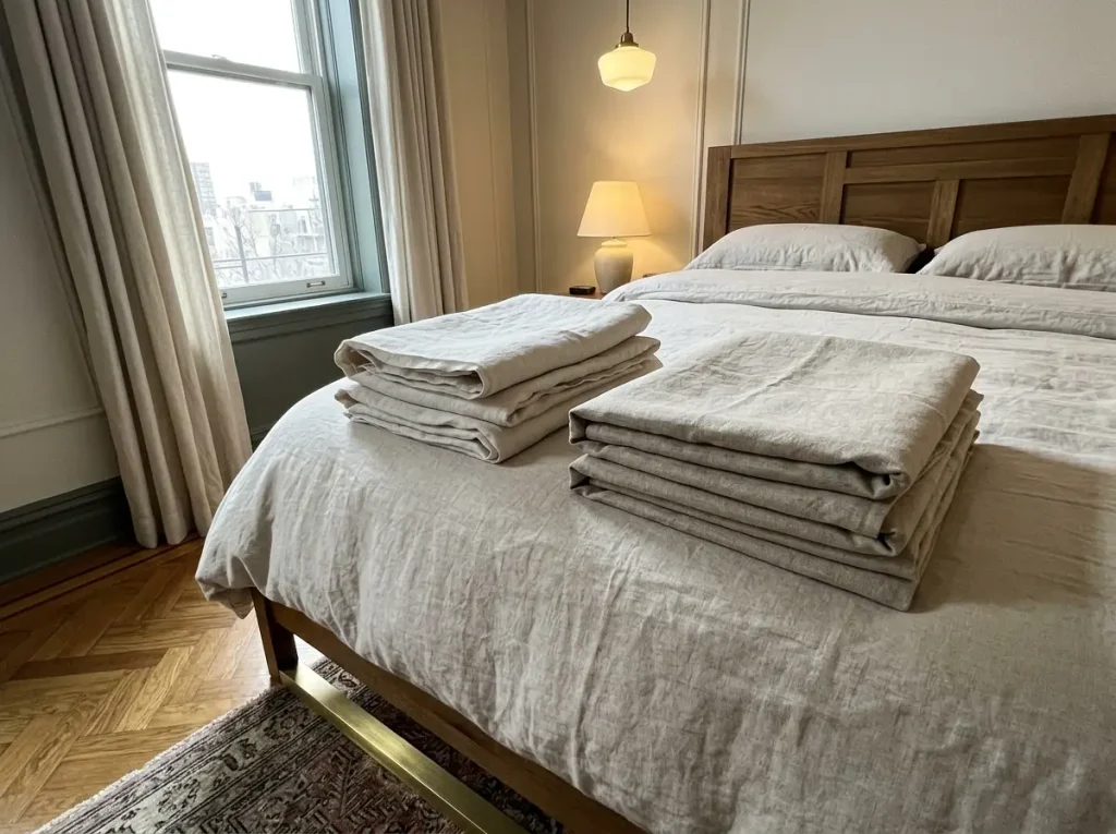 Two folded linen sheet sets side by side, one visibly heavier and denser than the other