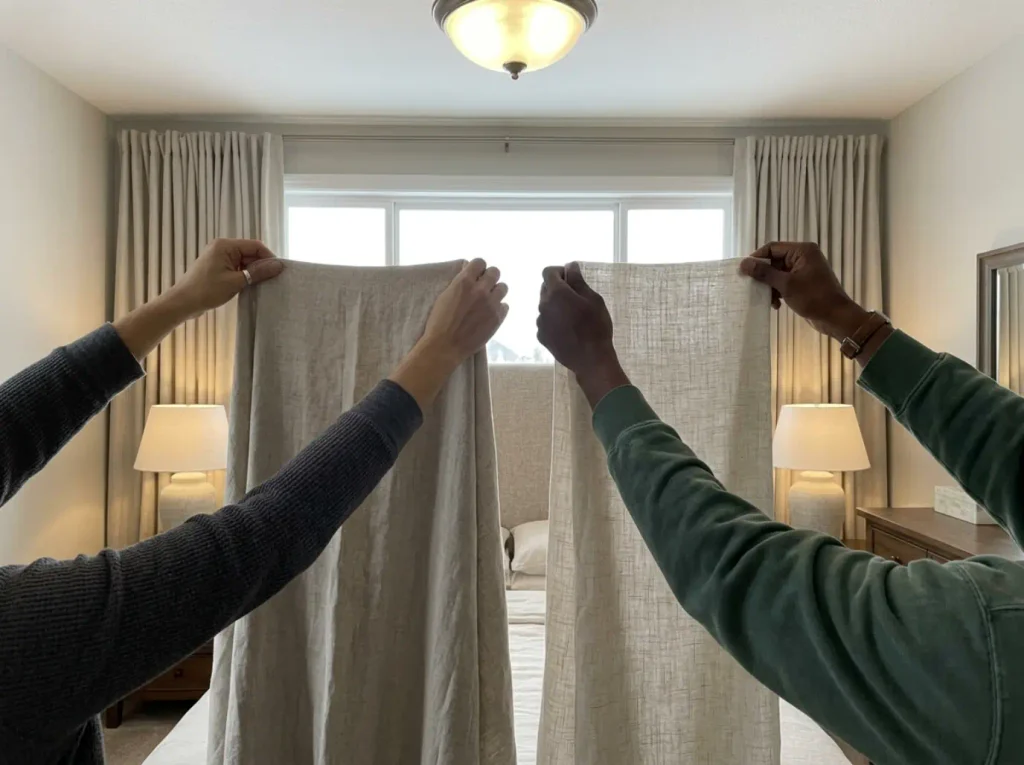Two linen sheets of different weights held to the light, one denser than the other