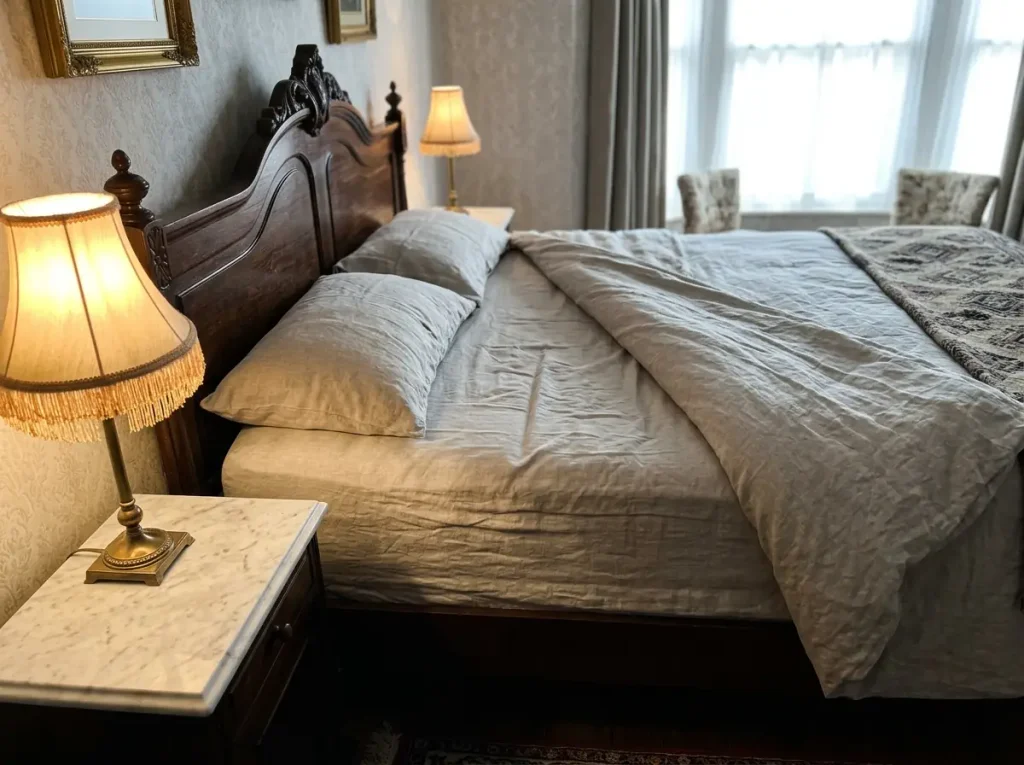 Close view of a set crease under the hip on a linen fitted sheet beside shallow rumpling