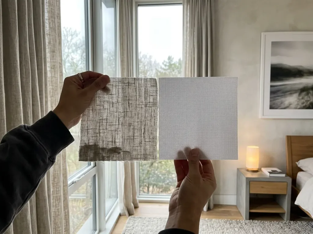 A damp linen sheet and a cotton sheet held up together against daylight to compare the weave