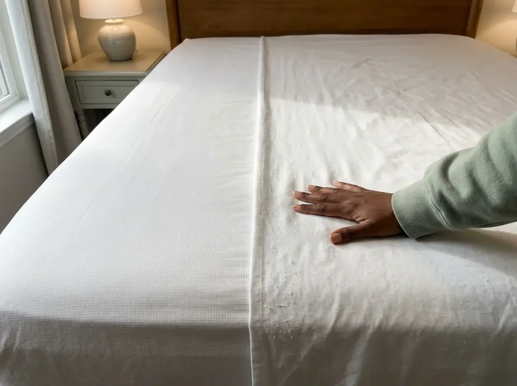 Two cotton sheets laid edge to edge, one smooth and one with loose fiber ends standing up