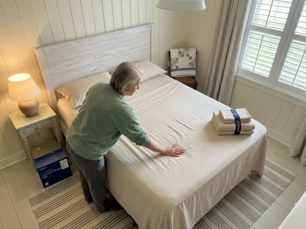 Person smoothing a fresh microfiber sheet across a guest bed before visitors arrive