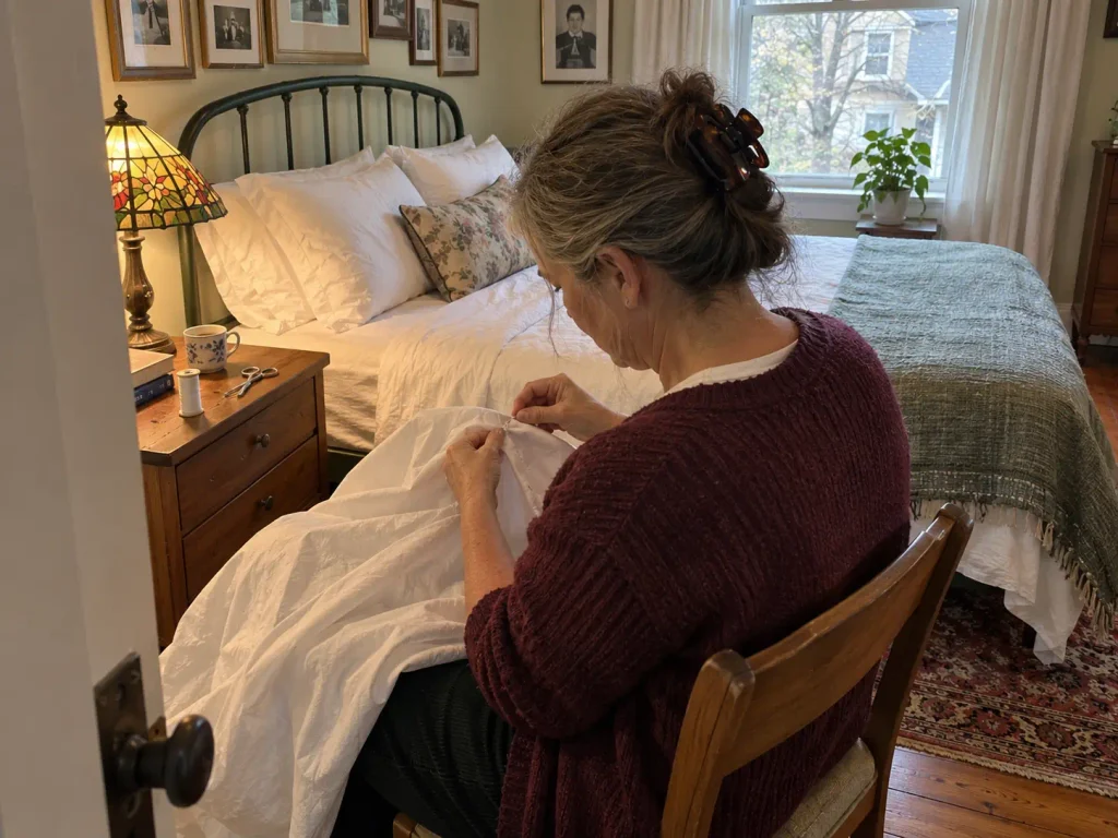 Woman mending a torn hem on a cotton sheet in a bungalow bedroom, lamp lit beside her
