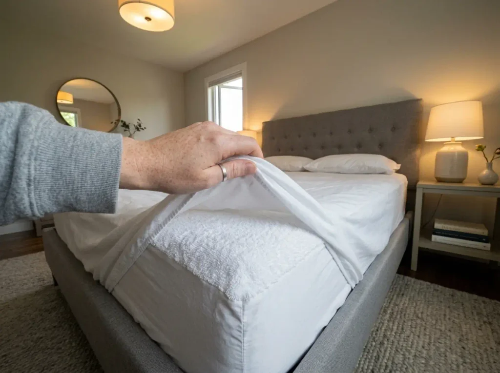 A hand lifting the fitted sheet off a mattress corner to show the terry mattress protector underneath