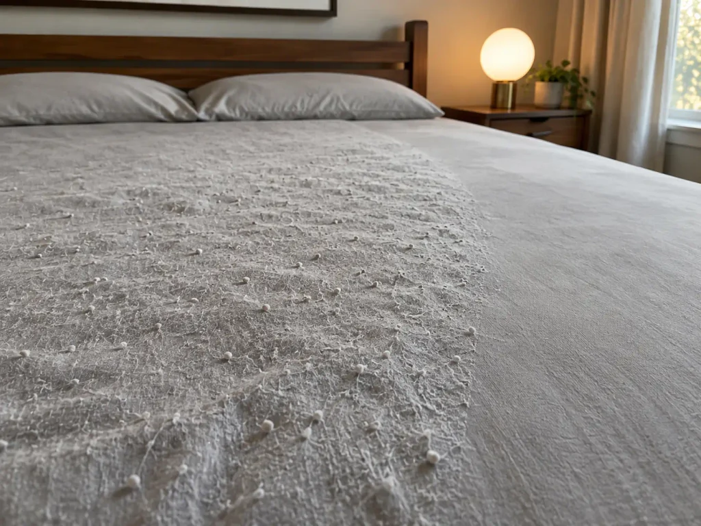 Pilled patch on a microfiber sheet where a sleeper lies, with the smooth untouched edge beside it