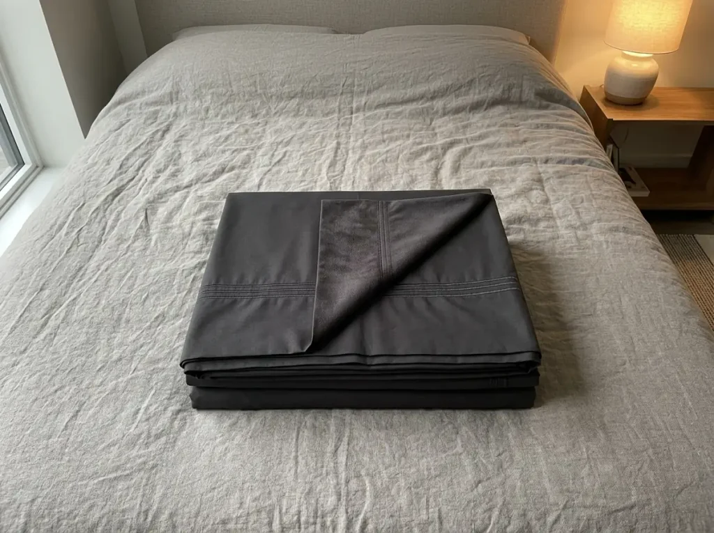Folded microfiber sheet set on a made bed, the fine brushed surface catching raking light