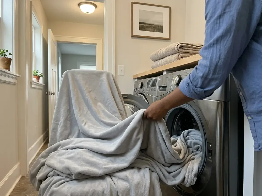 A microfiber sheet set going into a front-loading washer with the door open under overhead light