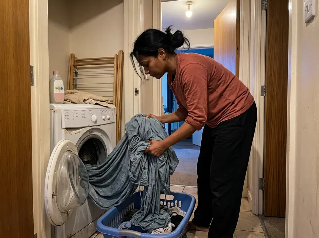 Washed microfiber sheets being lifted from a machine drum into a basket in a small laundry alcove