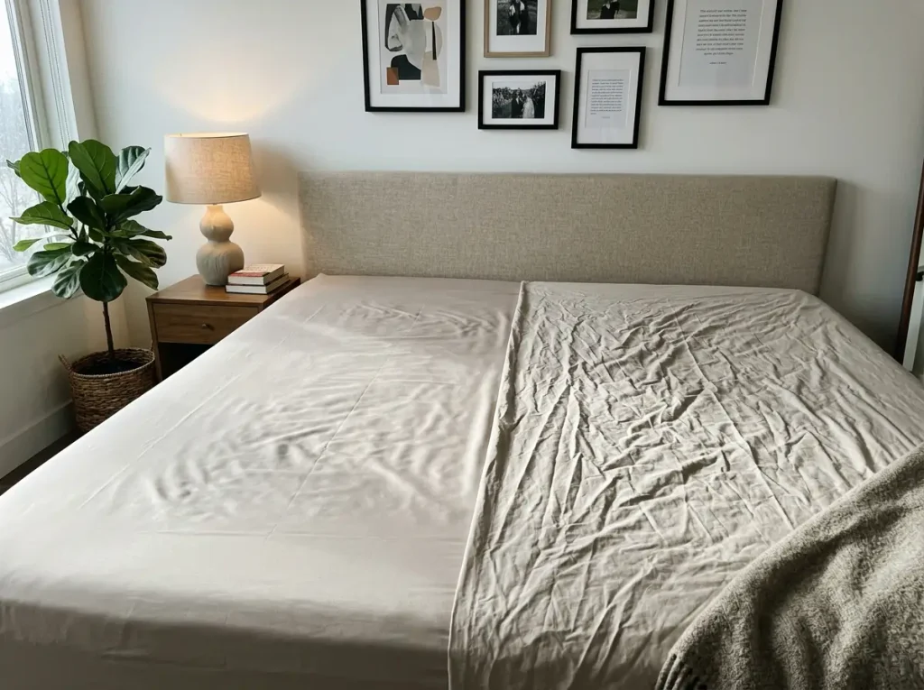 A matte microfiber sheet laid beside a crisp cotton percale sheet to compare how each one creases