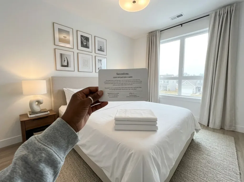 A printed certification insert held above a folded organic cotton sheet set on a made bed