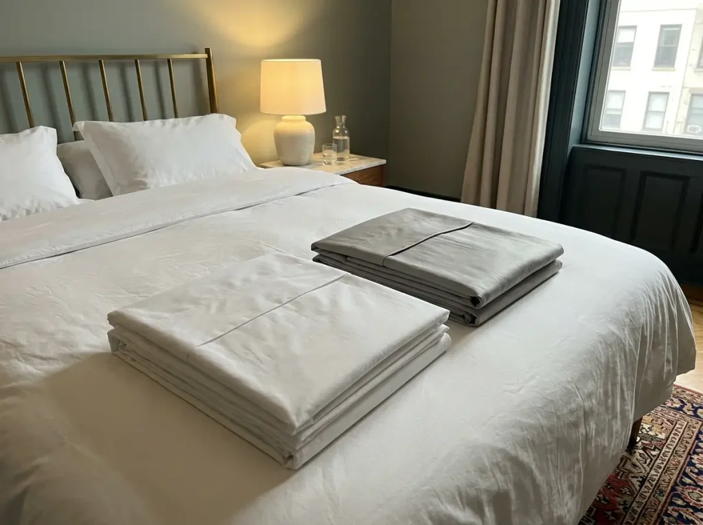 Two folded sheet sets side by side on a made bed, one matte percale and one with a low sheen