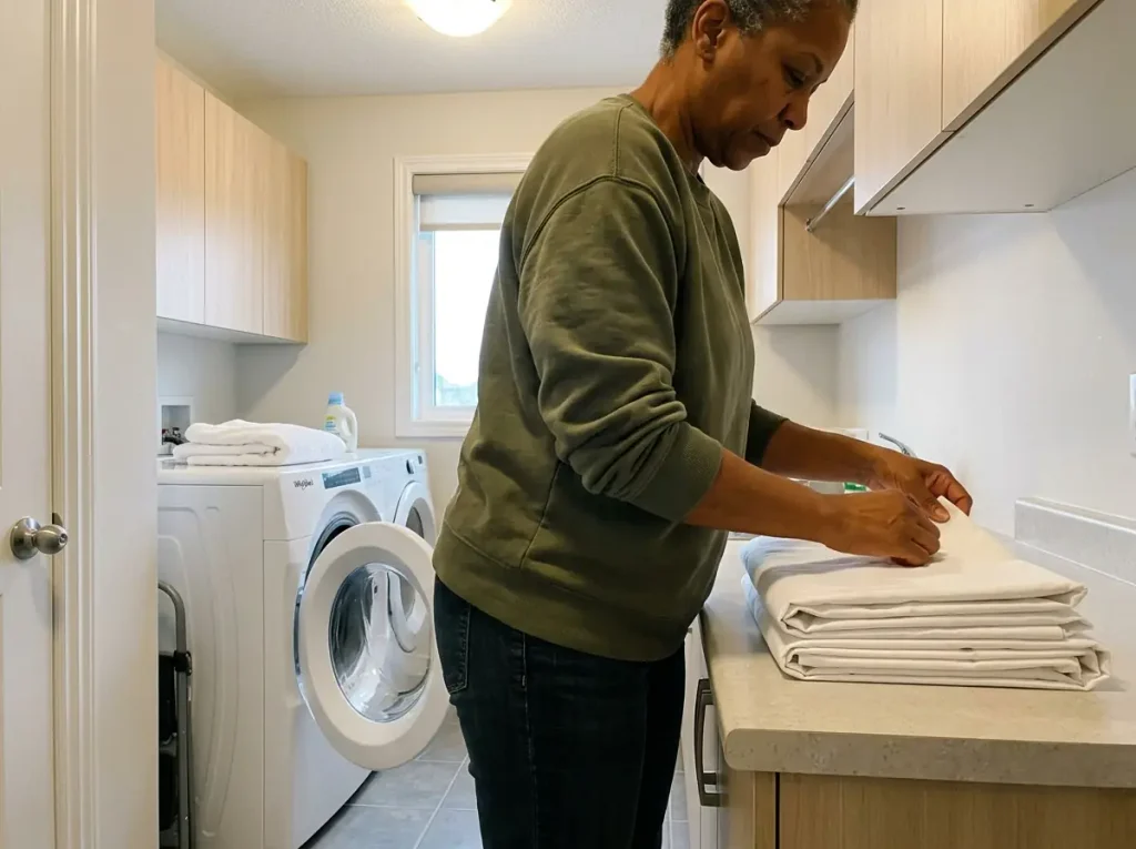 A folded stack of white percale sheets on a laundry counter beside an open washer