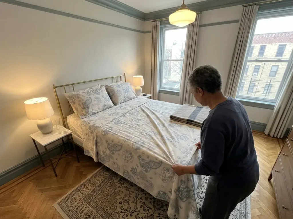 Someone pulling a crisp percale flat sheet across a bed, an extra blanket folded on the far side