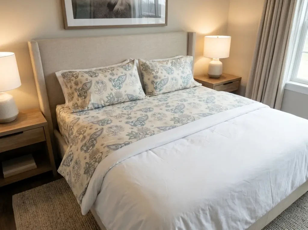 Crisp white percale top sheet folded back over a duvet, creases catching the morning light