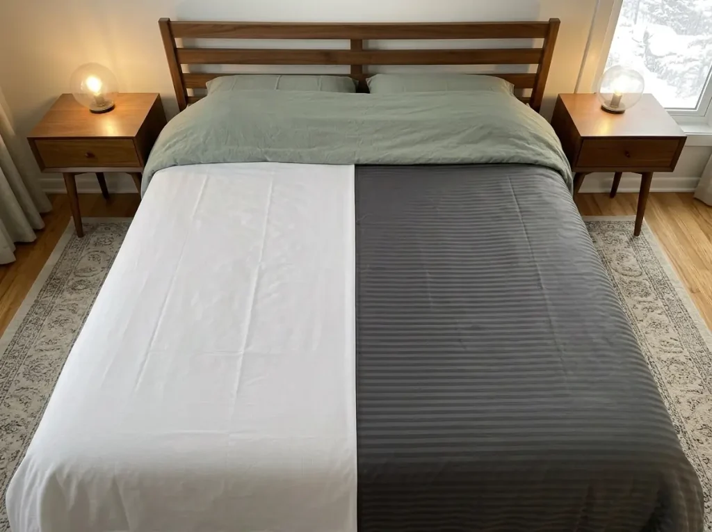 Matte percale and glossy sateen sheets laid side by side, raking light showing the sheen difference