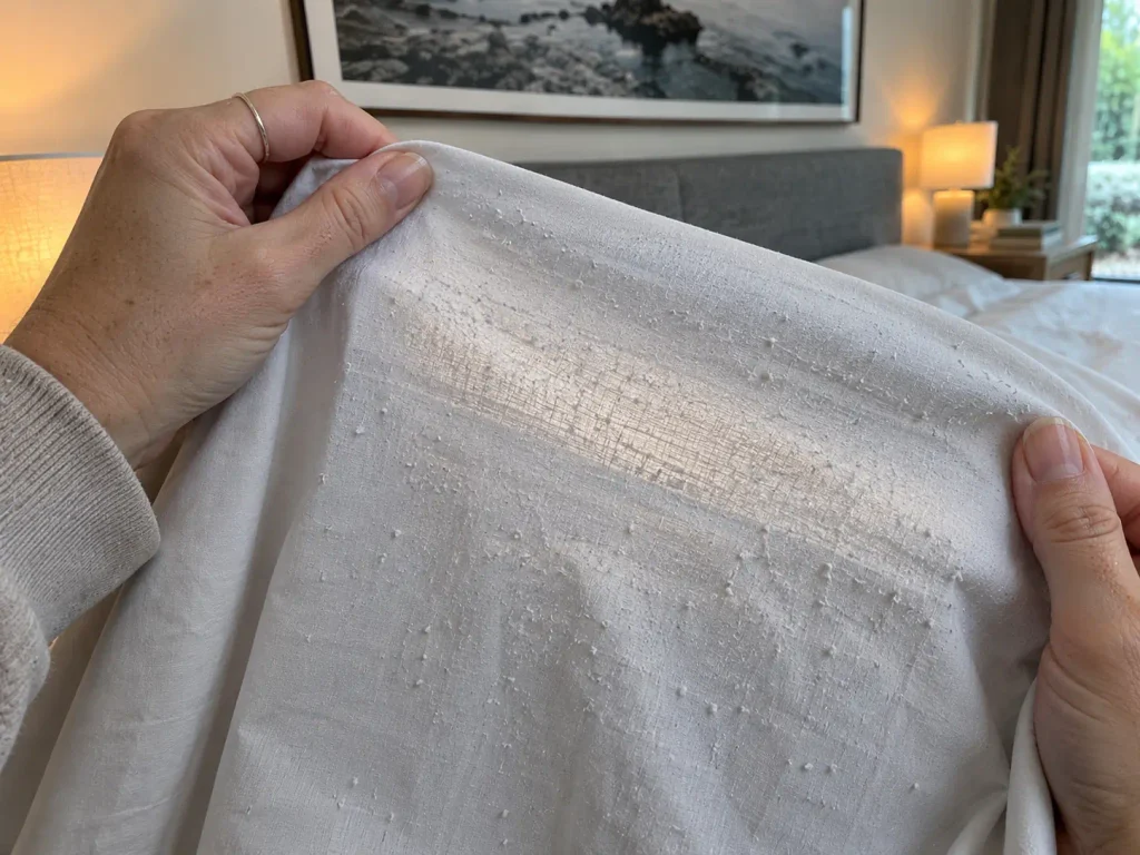 Hands holding a pilled sheet near a lit lamp to check whether the weave has thinned