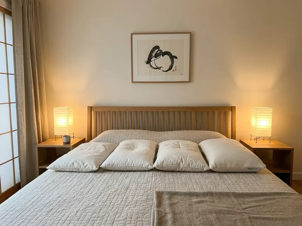 Four pillows with different fills laid side by side on a bed, showing how differently each holds its loft